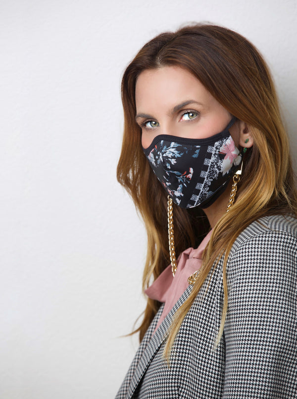 NEW!(TWO PACK+Chain)Silky Flower Boom Black 100% COTTON & ANTIMICROBIAL-REUSABLE MASK