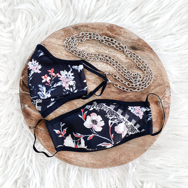 NEW!(TWO PACK+Chain)Silky Flower Boom Black 100% COTTON & ANTIMICROBIAL-REUSABLE MASK
